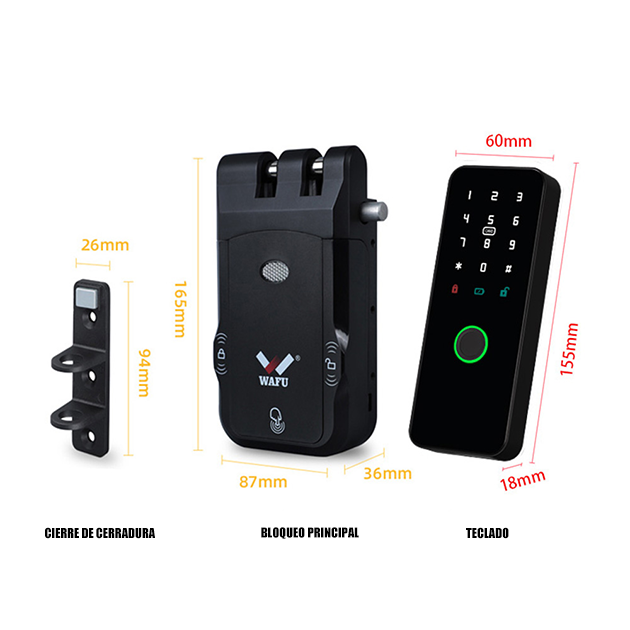 WF-026 dimensiones del cuerpo de la cerradura y accesorios