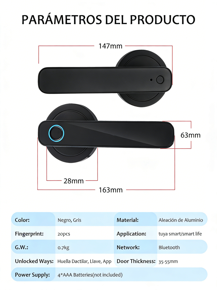 WF-F3 vista general de parámetros de cerradura Bluetooth con huella digital