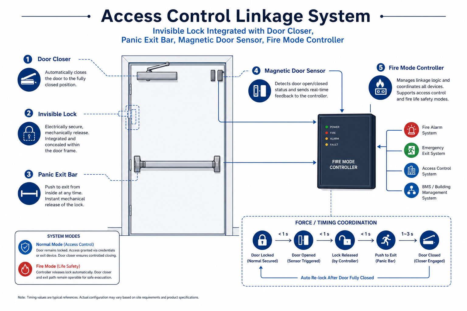 Esquema del sistema de vinculación de control de acceso — cerradura invisible con cierrapuertas, barra antipánico y sensor magnético