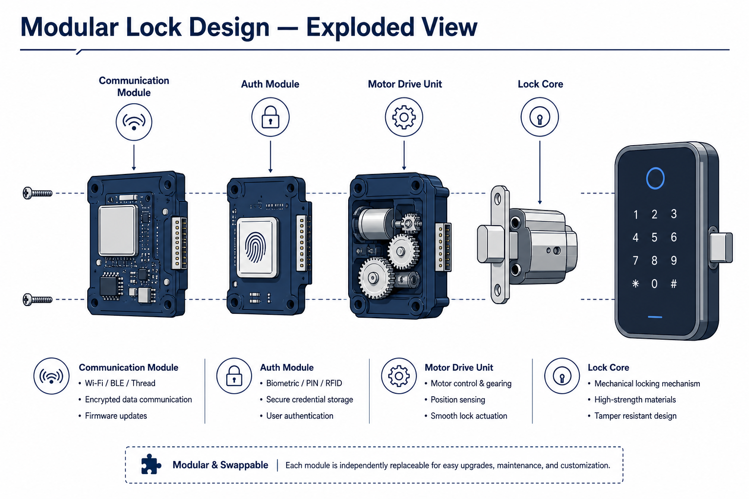 Vista explosionada de cerradura modular — headroom hardware y forward design
