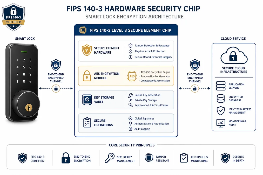 Arquitectura de seguridad FIPS 140-3 con chip SE y cifrado de claves para cerraduras hoteleras
