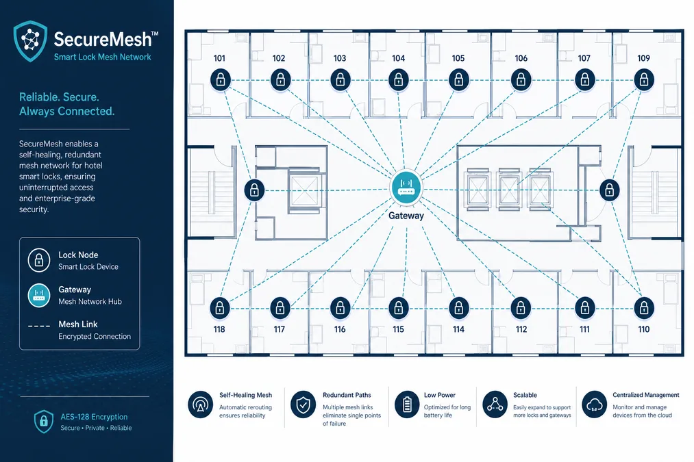 Topología de red SecureMesh con nodos de cerradura autoorganizados en entorno hotelero