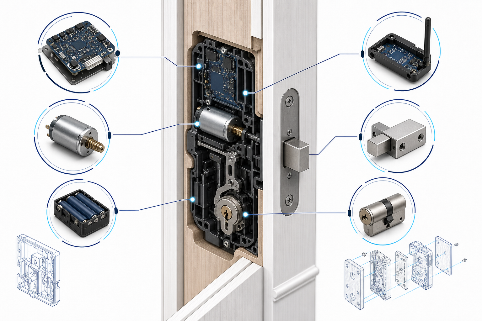 Arquitectura de módulos de control, motor, batería y pestillo de una cerradura inteligente invisible