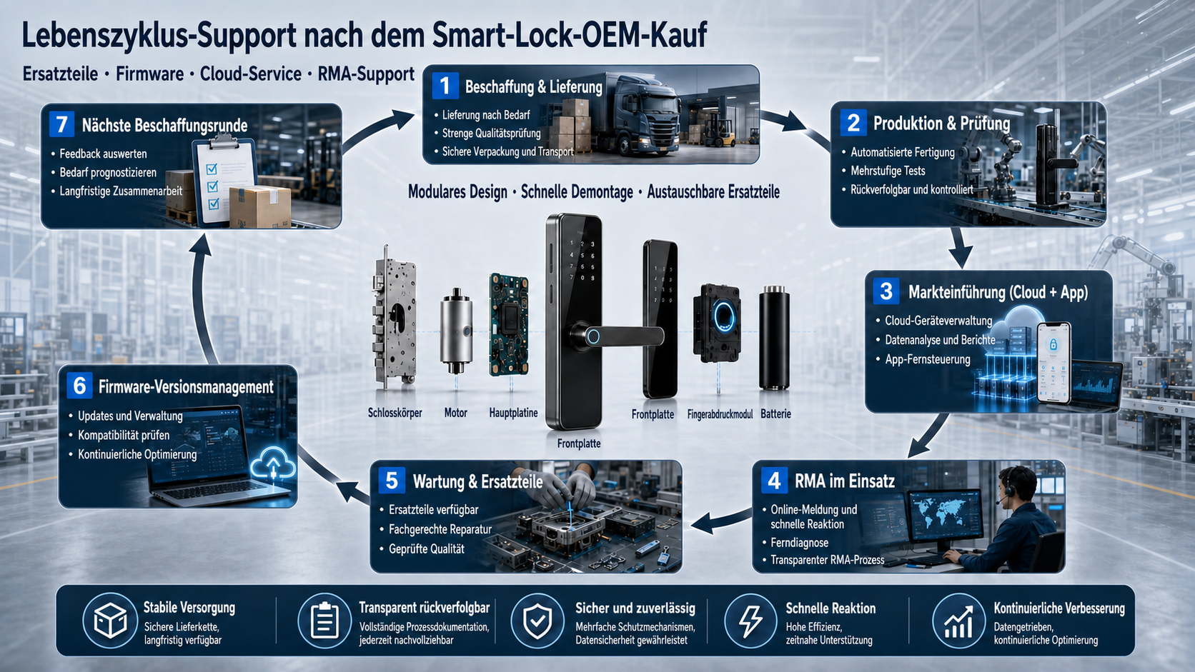 Smart lock OEM lifecycle support covering spare parts, firmware, cloud service and RMA
