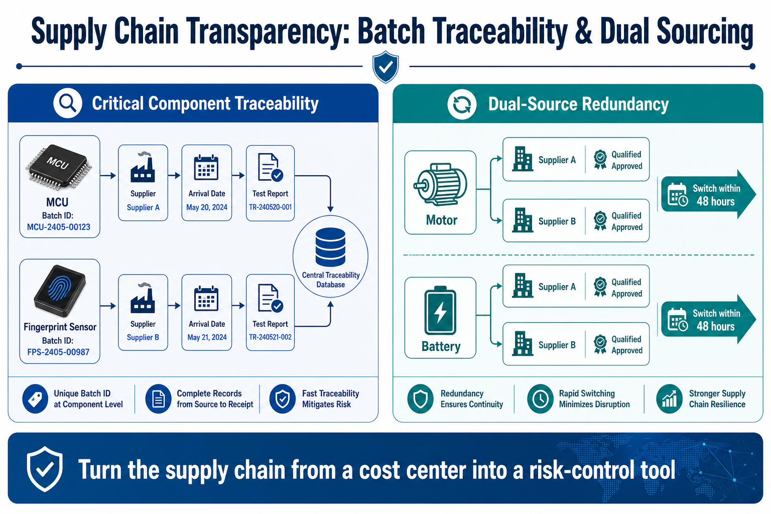 Transparencia de la cadena de suministro — trazabilidad de los lotes de componentes críticos y dual-sourcing motor/batería